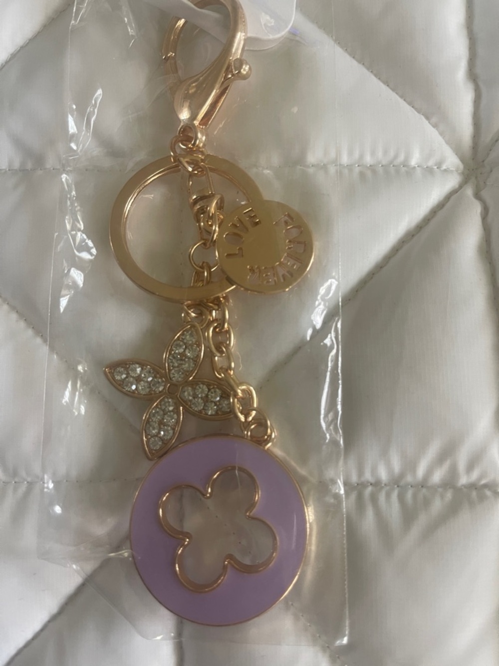 Gold-Tone Keychain Purse Bag Charm with Lavender Enamel Flower Accent nwt